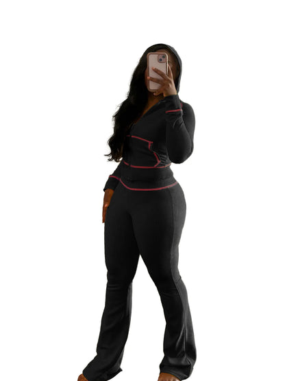 Waffle Texture Zip Hoodie & Wide Leg Pants Set