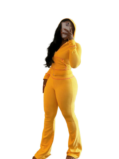 Waffle Texture Zip Hoodie & Wide Leg Pants Set