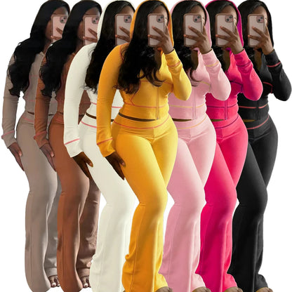 Waffle Texture Zip Hoodie & Wide Leg Pants Set
